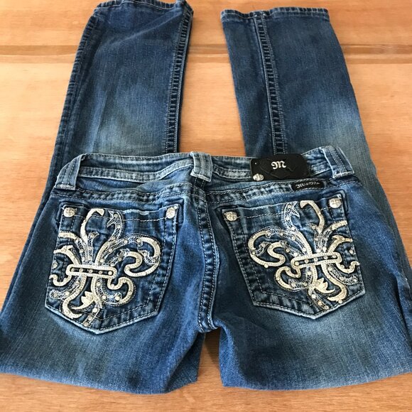 Miss Me Bootcut Jeans Women 29 Blue Low Rise Fleur De Lis Rhinestone Distressed - Picture 1 of 16